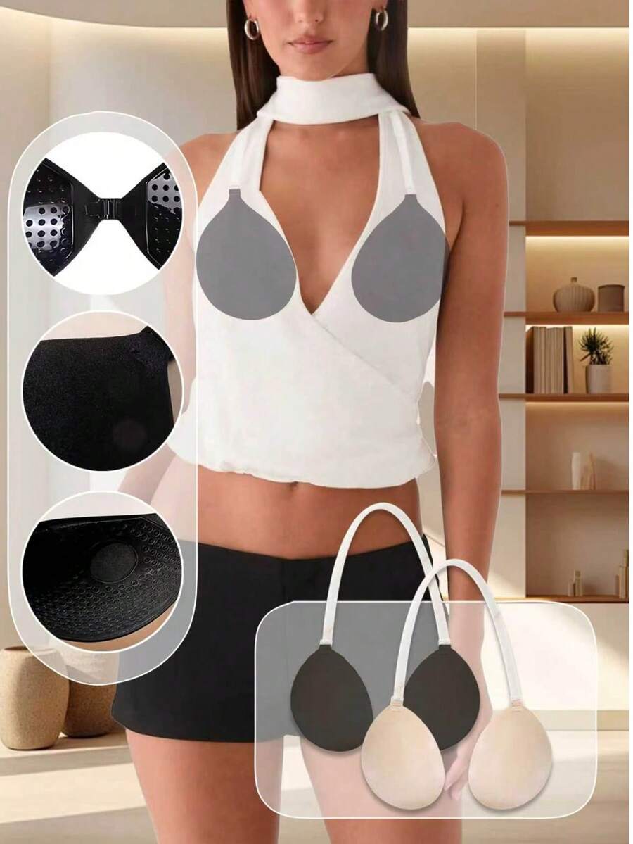 1pc Invisible Solid Color Adhesive Bra, Round Cup Push-Up Self-Adhesive Bra, Suitable For Strapless And Backless Dresses, Summer Wear - Multi-color - View 1