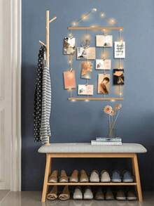Wooden Hanging Photo Display Frame With Wooden Clips, Wall-Mounted Photo Collage Storage Rack, Bohemian Style Home Wall Decor Photo Holder, Without LED Lights - Sets - View 6