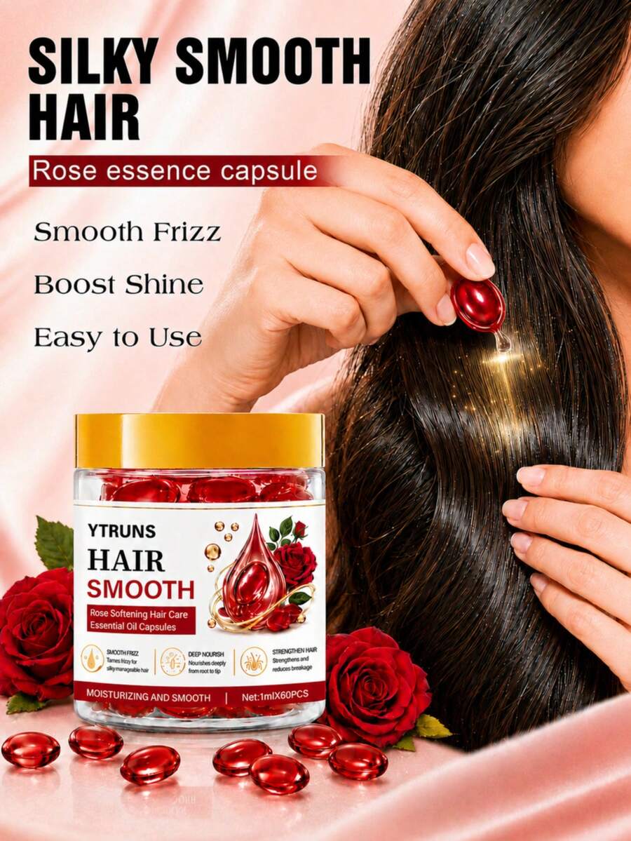 Ytruns Kapsul Essence Perawatan Rambut Mawar 60 pcs, Kondisioner Minyak Rambut Tanpa Bilas, Anti-Frizz, Halus, Memperbaiki Rambut Kering dan Rusak, Essence Ringan Tanpa Bilas, Berkilau dan Lembut, Memperbaiki Ujung Rambut Bercabang, Cocok untuk Semua Jenis Rambut - Kondisioner kapsul - View 1