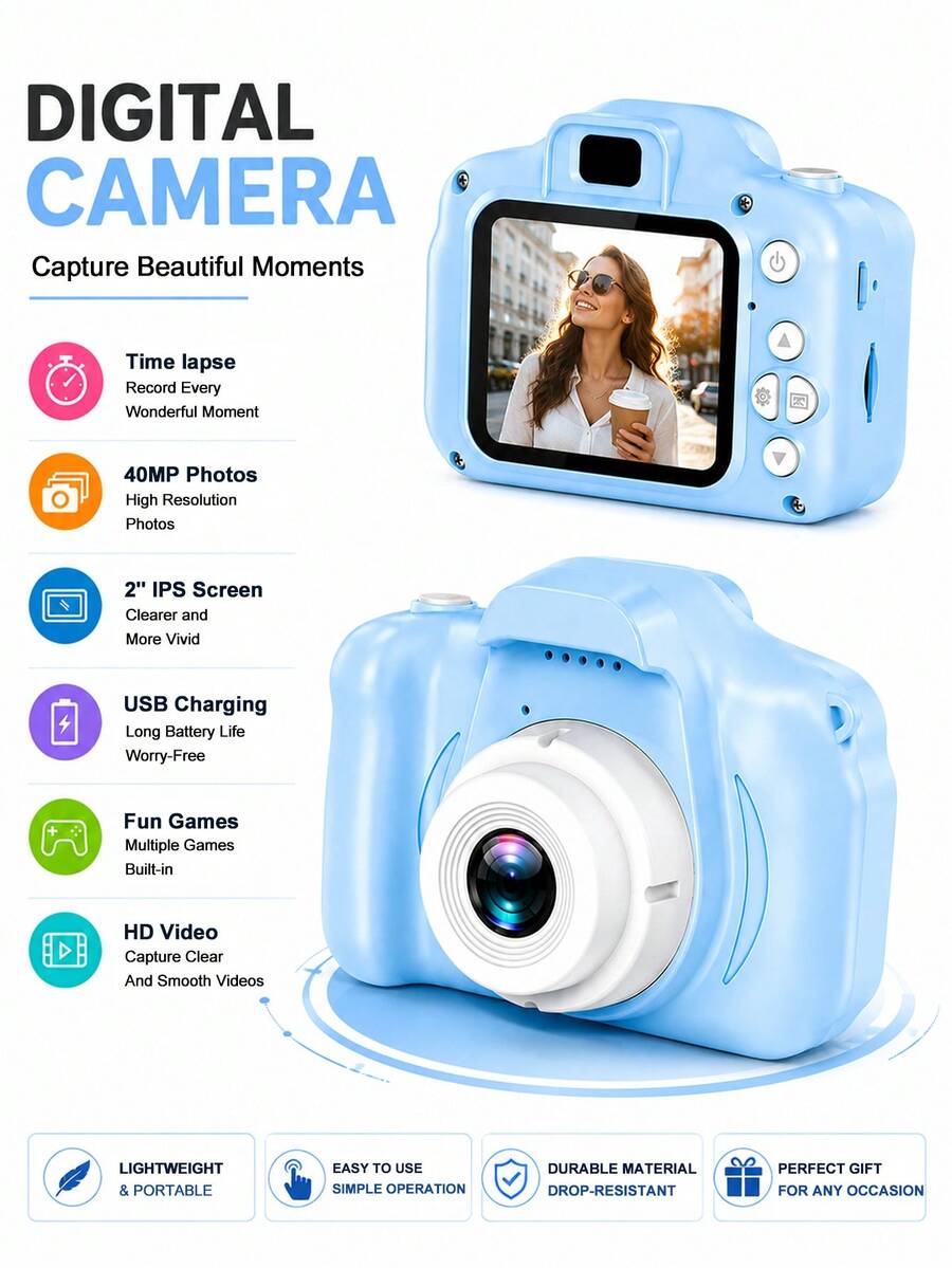 Cámara Digital 1080P con Pantalla de 2 Pulgadas Regalo de Navidad Cumpleaños y Festival Cámara de Regalo Linda y Portátil para Hombres y Mujeres 150mAh - Azul - Ver 1