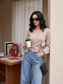 Women's Solid Color V-Neck Tie-Front Knit Sweater, Minimalist Fashion Open Front Design, Suitable For Autumn/Winter - Camel - View 9