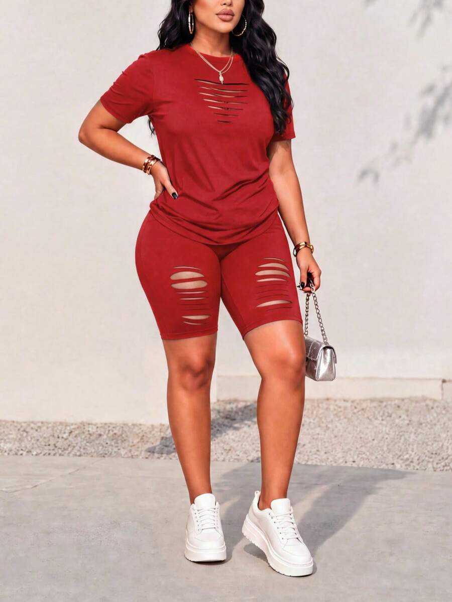 大尺碼女款性感鏤空T恤短褲套裝,春夏秋紅色休閒款 - 紅色 - 查看 1