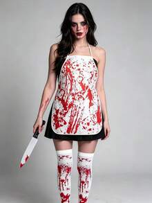 3pcs Bloodstain Apron Set, Cos Bloodstain Apron, Fake Blood Knife, Bloody Socks Horror Halloween Costume Props Suitable For Butcher Costume, Stage Performance - Multicolor - View 2