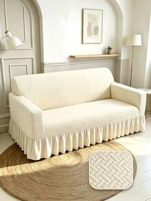 1PC Fleece Fabric Anti-Slip Elastic Decorative Sofa Cover, Jacquard Carved Leaf Design, Pet-Friendly Anti-Dirt Anti-Dust, Suitable For 1/2/3/4 Seater Sofa, All Seasons - Beige - View 2