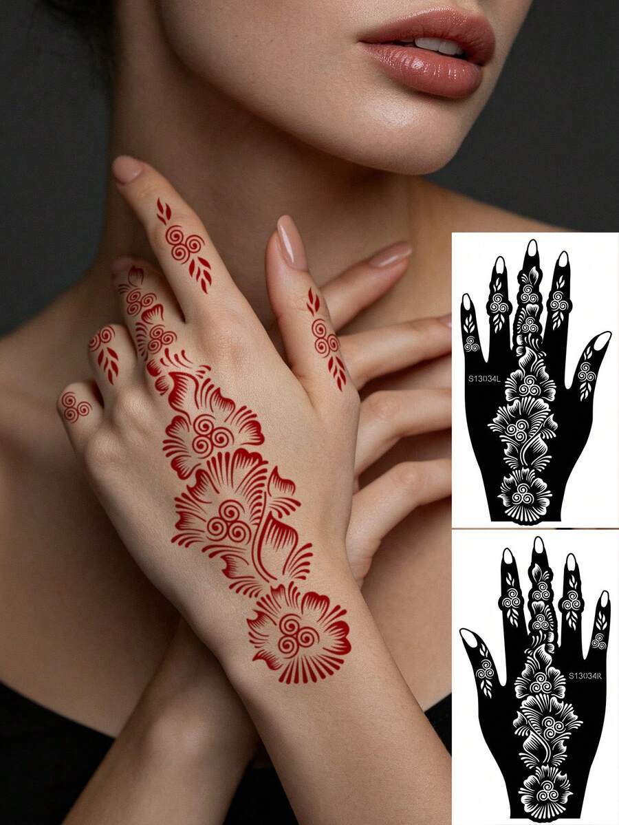 2件組花卉漩渦海娜手部紋身模板,左手與右手 Mehndi 貼紙模板,適用於婚禮、開齋節、派對身體彩繪,臨時紋身創作 - 黑色 - 查看 1