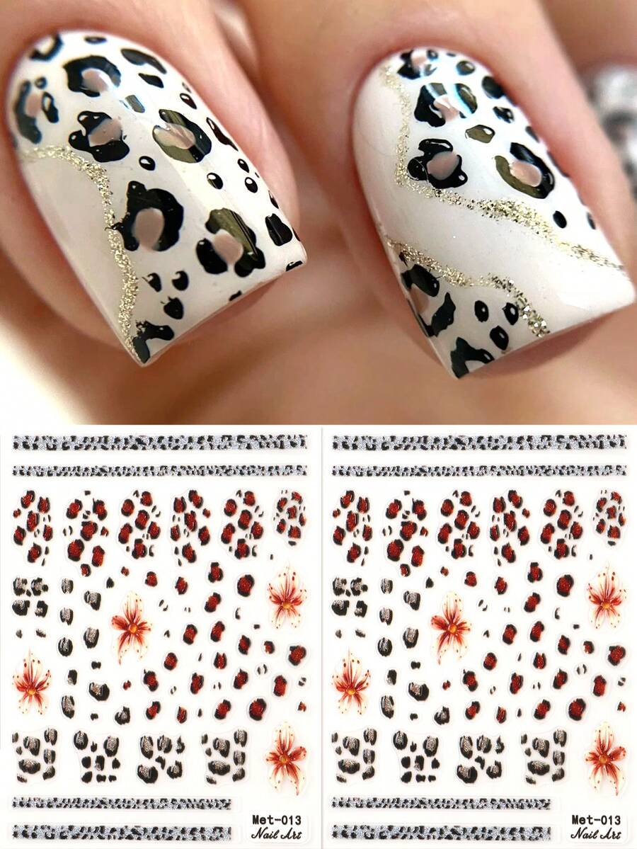 2 Peças Adesivos de Unhas com Estampa de Leopardo e Floral, Decalques de Unhas com Glitter de Lírio Vintage em Relevo 5D Marrom Leopardo, Suprimentos de Arte de Unhas DIY Estilo Feminino Selvagem, Decoração de Unhas para Casamento, Feriado, Encontro, Outono e Inverno - Multicolorido - Visão 1