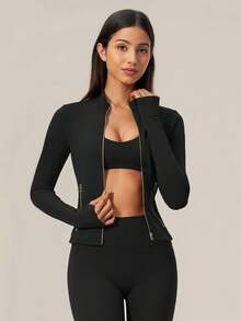 TimeOff Women's 1pc Solid Color Stand Collar Zipper Side Pocket Thumb Hole Jacket Coat, Autumn/Winter - Black - View 7