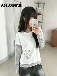 Kaos Lengan Panjang Patchwork Bergaris Gaya Korea 2 in 1 untuk Wanita, Atasan Longgar, Ramping, dan Serbaguna untuk Musim Gugur - Putih - View 9