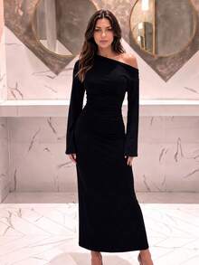 QUNGIGU Elegant Women's Asymmetrical Neckline Dress Long Sleeve Bodycon Ruched Waist For Evening Party Cocktail Fall Winter - Black - View 5