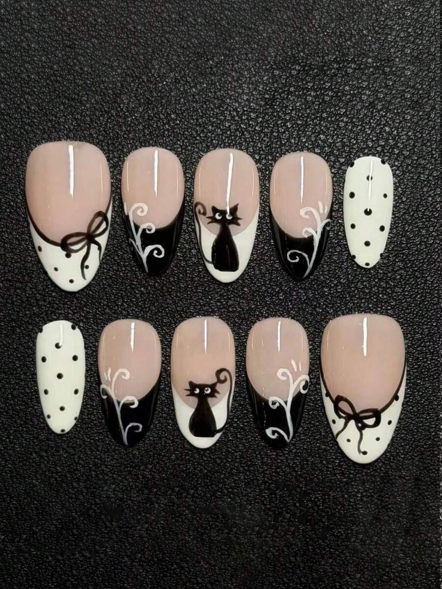 30pcs Short Almond-Shaped Press-On Nails, Hand-Painted Cute Cat, Polka Dot, Bow Design, Set Includes: 1pc Jelly Glue And 1pc Nail File. - Multicolor - View 1