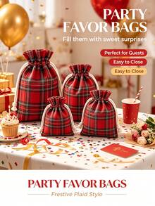 Christmas Gift Red Plaid Drawstring Storage Bag, Suitable For Women/Men, Small Gift Bag, Plaid Pattern, Drawstring Closure, Ideal For Wedding Favors, Jewelry Storage, Christmas Candy, Birthday Party Supplies, Handmade Bead Storage - Multicolor - View 4