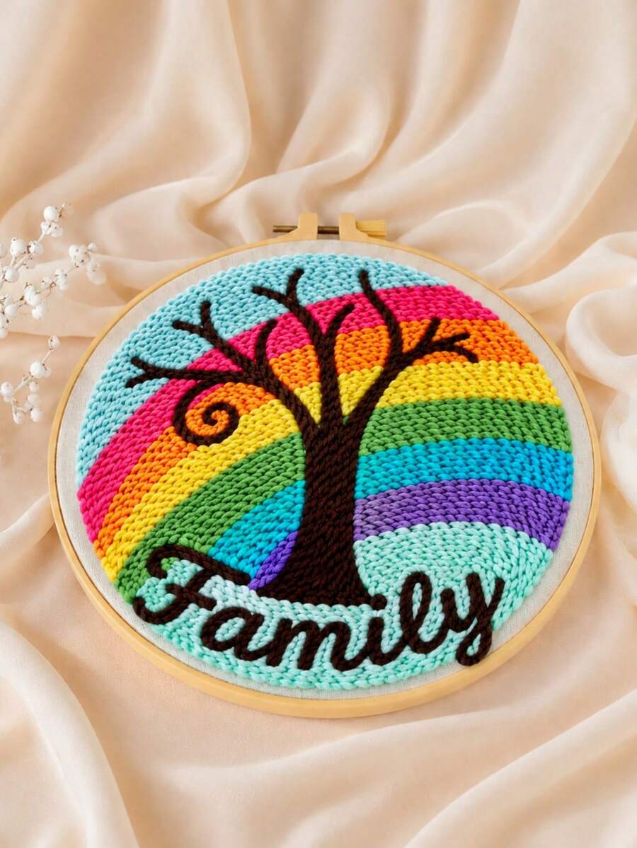 Rainbow Tree Customized Text Embroidery Hoop Art, Handmade Yarn Stitching Craft, Personalized Home Wall Decor, Colorful Room Decoration, Meaningful Gift For Loved Ones, Create Your Own Exclusive Artwork - Multicolor - View 1
