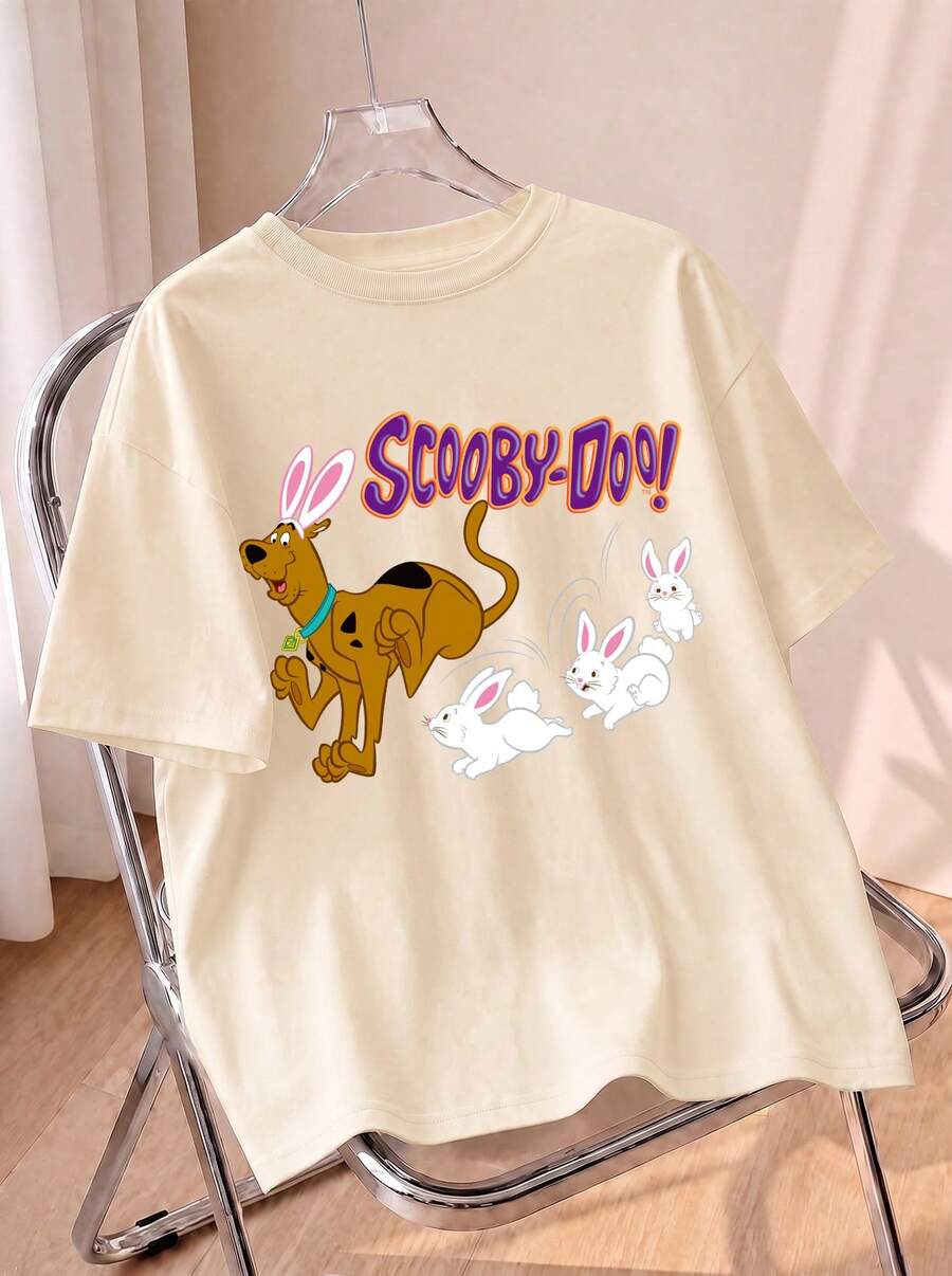 Whysmera SHEIN X SCOOBY-DOO 寬鬆短袖T恤,可愛卡通狗兔俏皮互動印花,美式復古俏皮風格 - 杏色 - 查看 1