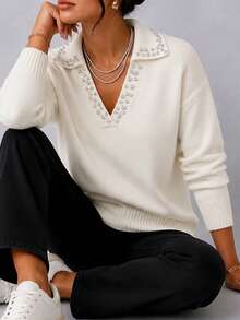 Plus Size Rhinestone V-Neck Knit Sweater, Long Sleeve Loose Elegant Pullover Top, Autumn/Winter Office Commute Blouse - Beige - View 4