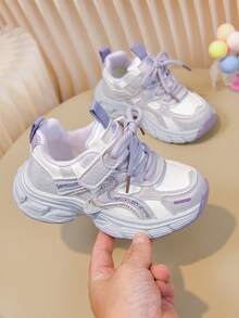 1 Pair Rhinestone Chunky Sneakers, Casual Sports Shoes, Running Shoes, White & Purple Color Block Fashion, Hook & Loop Easy On/Off, Thick Sole Non-Slip Casual Kids Shoes - White & Purple - View 7