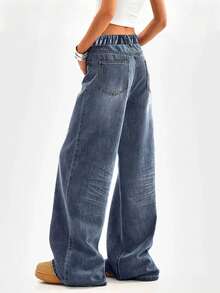 Light Blue Straight Leg Jeans For Tween Girls & Teenagers, Casual Loose Fit Retro Wide Leg Pants - Navy Blue - View 5