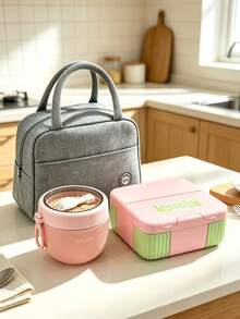 SEAL LOCK 2 Pieces Colorblock Divided Lunch Box And Sealed Soup Bowl Set With Built-In Spoon And Fork Utensils, Food And Soup Separation, Portable Bento Box For Office Workers, Students, Outdoor Picnic, Commuting, School, Multi-Scenario Use, Anti-Cross-Flavor - Multicolor - View 6
