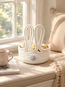 1pc 3D Rabbit Ear Storage Basket, Cream Style Desktop Organizer With Decorative Pom Poms, Suitable For Storing Small Accessories, Snacks And Sundries, Applicable For Bedroom, Living Room, Entryway And Bathroom - Multicolor - View 1
