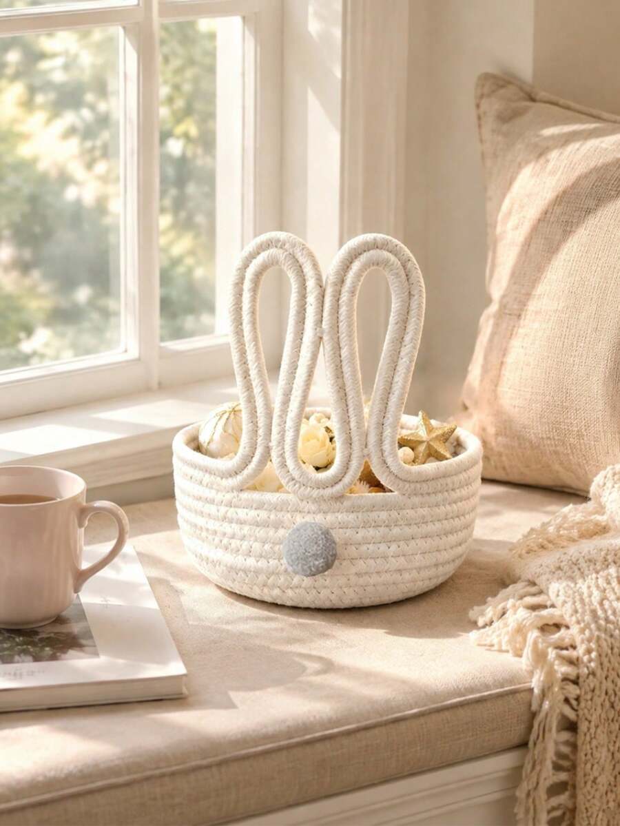 1pc 3D Rabbit Ear Storage Basket, Cream Style Desktop Organizer With Decorative Pom Poms, Suitable For Storing Small Accessories, Snacks And Sundries, Applicable For Bedroom, Living Room, Entryway And Bathroom - Multicolor - View 1