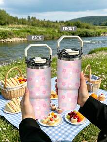 1pc/5pcs 30oz Macaron Color Plaid Floral Insulated Tumbler, Stainless Steel Material, With Handle, Straw And Leak-Proof Flip Lid, Soft Colorful Floral And Macaron Plaid Print, Birthday And Holiday Gift, Suitable For Travel, Work, Fitness And Daily Outdoor Use - Pink - Plaid Floral - View 7