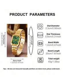 Women's Vintage Square Dial Quartz Watch & Rhinestone Bracelet 2pcs Set, Elegant Metal Band Wristwatch Jewelry Set, Multiple Colors Available - Gold - View 9