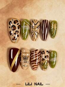 10pcs Handmade Press-On Nails, Almond Shape, Leopard Print, Green, Red, Hand-Painted, Powder, Rhinestone, Cute Nail Art, Nail Tips, Reusable Nail Set With Nail Tools, Suitable For Daily Commute, Party And Office - Multicolor - View 2