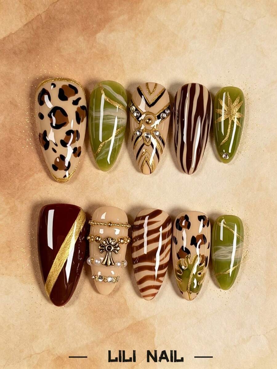 10pcs Handmade Press-On Nails, Almond Shape, Leopard Print, Green, Red, Hand-Painted, Powder, Rhinestone, Cute Nail Art, Nail Tips, Reusable Nail Set With Nail Tools, Suitable For Daily Commute, Party And Office
