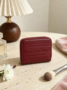 Vintage Embossed Short Zipper Coin Purse, Portable Multi-Slot Card Holder, Compact Handheld Storage Bag, Suitable For Commuting, Travel, Dating, Daily Use, Holiday And Anniversary Gift Choice, Women's Fashion Wallet Dior - Red - View 3