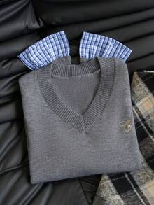 Autumn/Winter Korean Style 2 In 1 Plaid Patchwork Knit Sweater Women's Design V-Neck Embroidered Loose Slouchy Colorblock Pullover - Grey - View 8