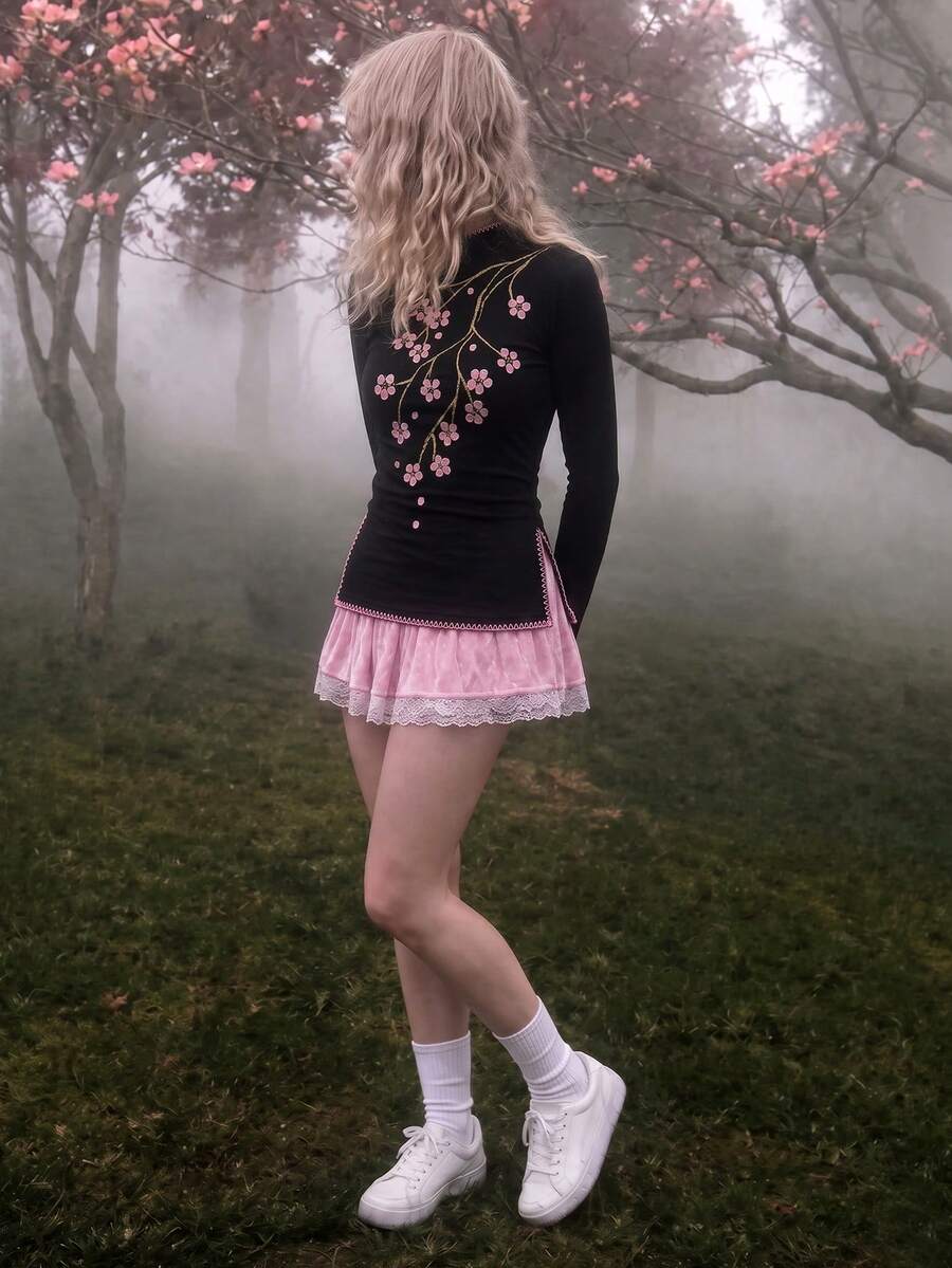 New Chinese Floral Embroidery Long Sleeve Tee, Black Stand Collar Pink Stitch Split Hem Slim Fall Daily Top - Black - View 1