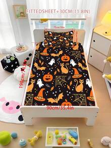 2/3PCS Black Halloween Cartoon Fitted Sheet Set Pumpkin Bat Print Fitted Sheet Set Soft Breathable Bedding For All Seasons Twin/Full/Queen 100% Polyester Machine Washable - Multicolor - View 16