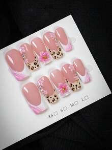 10pcs-Y2K Style, Leopard Print Pink Flower Press-On Nails, Pink Flower Gold Bead Long Square Nails, Leopard Design, Nude Pink Gradient, Sparkling Diamond Decoration Fake Nails-Essential Nails For Spring, Summer, Autumn, Winter, Suitable For Social, Party And Daily Use, Best Gift For Girls And Women - Multicolor - View 7