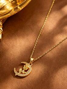 1 Set Random Elegant Style Floral Element Inlaid Glass Stainless Steel Women's Pendant Necklace Suitable For Dating/Vacation Wear - Yellow Gold - View 6