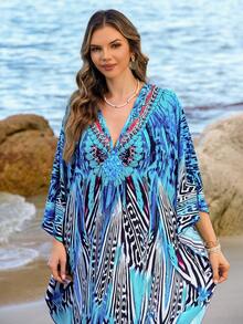 Women's Plus Friendly Printed Long Sleeve Kaftan Maxi Dress V Neck Side Slit Caftan Autumn Winter - Blue - View 3