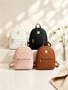 1 chiếc ba lô mini nữ cao cấp chần bông họa tiết kim cương, màu trơn, chất liệu PU, nhẹ, đa năng, dùng đi làm hàng ngày và du lịch - M1546 - Xem 2