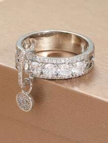 Gmzalx Round Pendant Inlaid With Sparkling Synthetic Zirconia Elegant Copper Material Ring, Suitable For Women's Daily And Wedding Wear - Silver - View 6