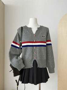 Striped Colorblock Women's Autumn New Style Super Pretty Versatile Sweater Short Jacket Top - Grey - View 1