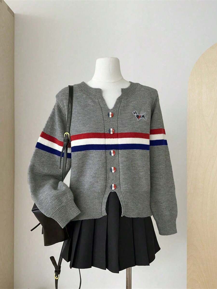 Striped Colorblock Women's Autumn New Style Super Pretty Versatile Sweater Short Jacket Top - Grey - View 1
