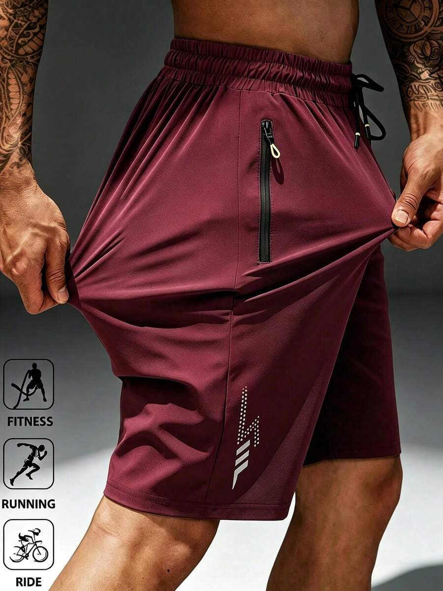 男士快乾運動短褲，彈性抽繩腰頭，拉鍊口袋，高性能運動短褲，紅色，夏季 - 紅色 - 查看 1