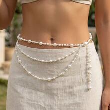 復古法式風女款人造珍珠串珠腰鍊，時尚多層可疊戴圓珠流蘇身體鍊 - 白色 - 查看 3