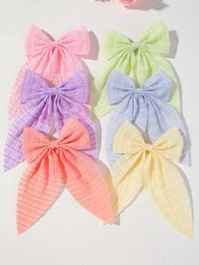 6pcs Kids Girls Solid Color Textured Chiffon Fabric Large Bow Hair Clips Hair Accessories Head Clips Back Of Head Clips Non-Damaging Hair Side Clips Alligator Hair Clips For Daily Use - Multicolor - View 5