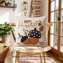 1pc/2pcs Autumn Cartoon Hedgehog & Acorn Faux Embroidery Pillow Case, 2D Printed Non-Embroidered, Cute Cartoon Style Polyester Square Single-Sided Zipper Closure Cushion Cover Without Pillow Insert, Suitable For Daily Home, Sofa, Bed, Bedroom, Living Room, Cafe, Exhibition Hall, Decorative Pillowcase, Daily Holiday Party Decoration - Brown - View 4