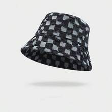 1pc Distressed Denim Plaid Brushed Bucket Hat, Minimalist Unique Style, All-Season Outdoor Beach Sun Protection Hat - Fisherman's Hat - View 4