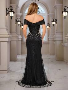 Beaded Sequin Evening Gown - Black - View 6