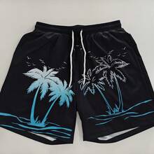 Men's Gradient Palm Print Unlined Drawstring Elastic Waist Slanted Pocket Casual Vacation Hawaiian Beach Shorts - Black - View 4