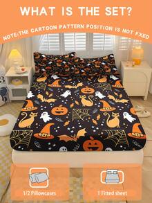 2/3PCS Black Halloween Cartoon Fitted Sheet Set Pumpkin Bat Print Fitted Sheet Set Soft Breathable Bedding For All Seasons Twin/Full/Queen 100% Polyester Machine Washable - Multicolor - View 1