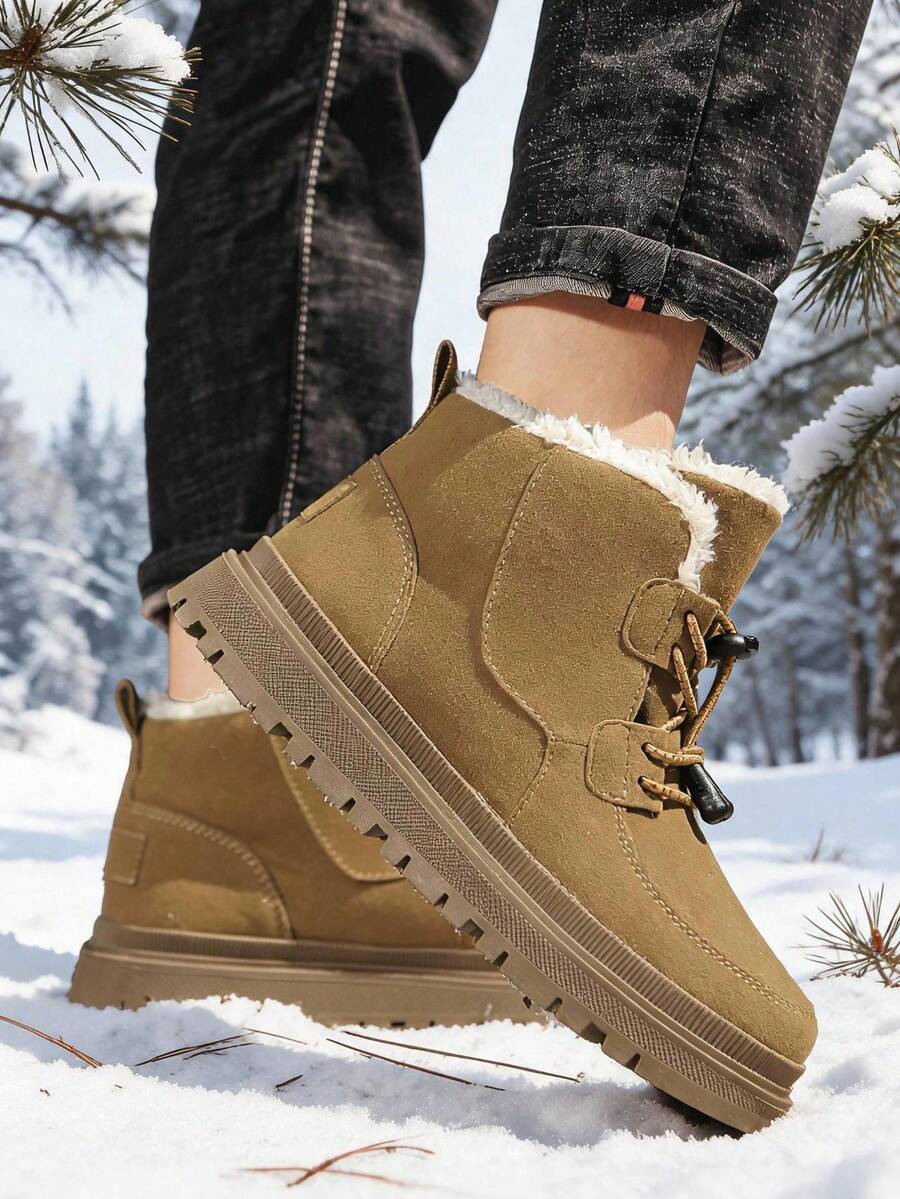 1 Pair Kids' Adjustable Button Mid-Top Warm Lining Snow Boots, Suitable For Autumn/Winter Outdoor Activities - Mustard Yellow - View 1