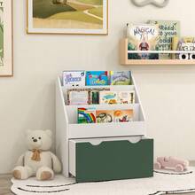 Estante infantil multifuncional com 3 prateleiras e uma gaveta, 62,5 cm (comprimento) x 30 cm (largura) x 70 cm (altura), verde - A - Ver 4