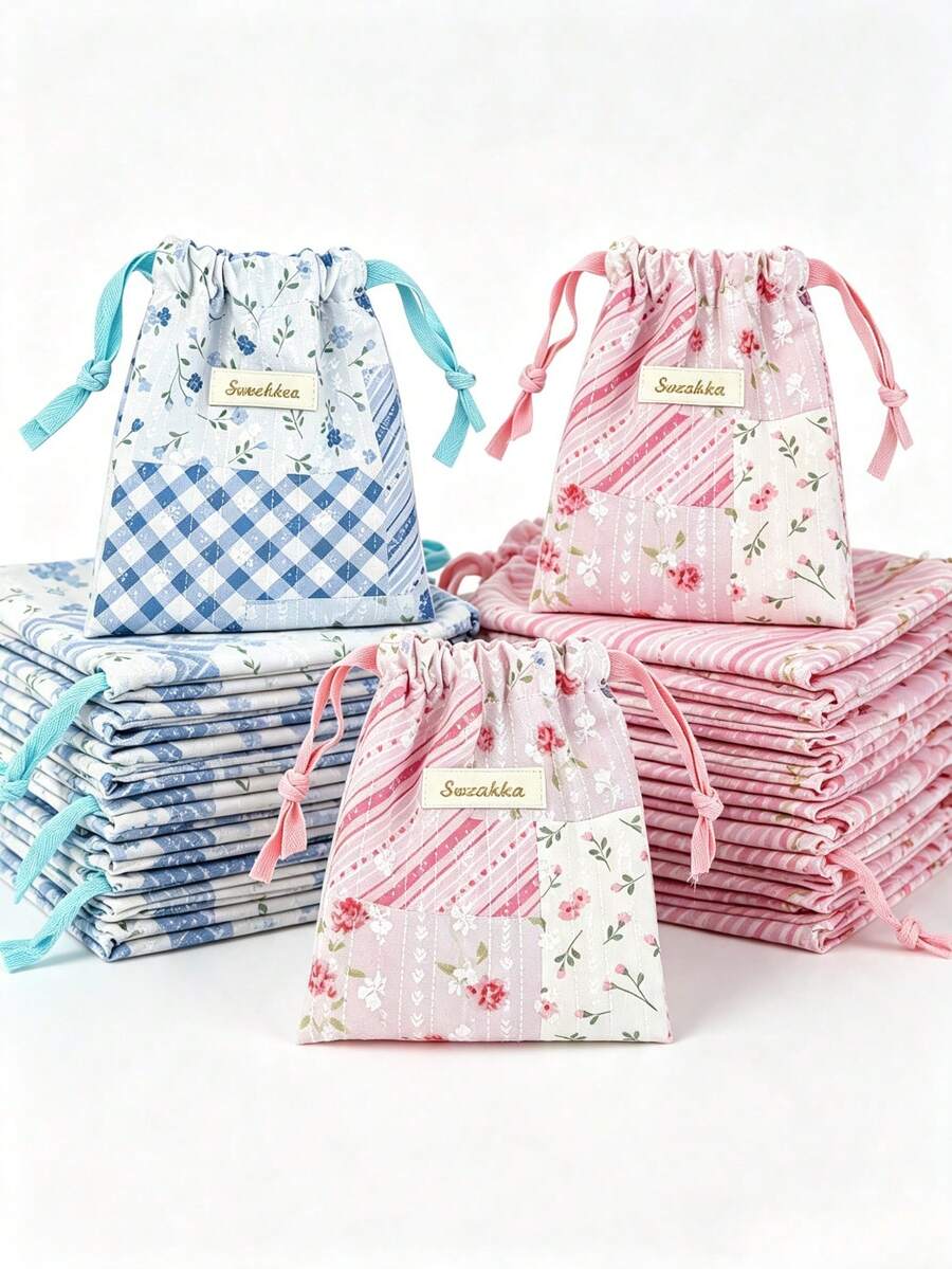 Pastoral‑Style Artistic Floral‑Plaid Drawstring Storage Gift Bag And Cosmetic Pouch, Portable Travel Storage Bag With Embroidered Tags, Suitable For Jewelry, Cosmetics And Small Accessories - Multicolor - View 1