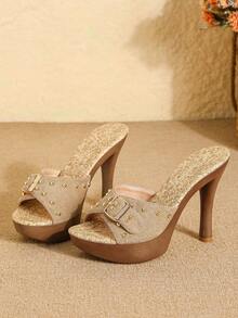 Women's Summer Chunky Heel Sandals, Korean Style High Heel Sandals, Thick Sole One-Strap Versatile Fashion Outdoor High Heel Sandals - Khaki - View 6